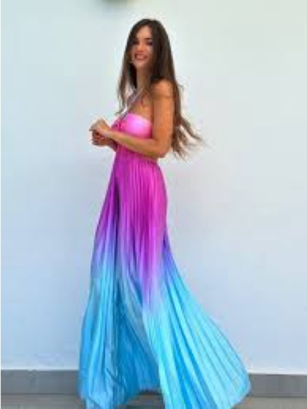 Boutique Gradient Halter Pleated Maxi Dress in Pink to Blue Ombre - Picture 2 of 9